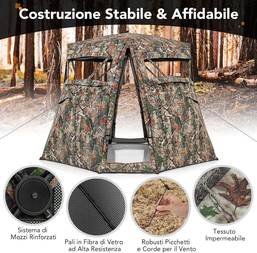 Tenda Mimetica per Caccia, 2-3 Persone, Visione a 360°, Camouflage, 249 x 211 x 175 cm