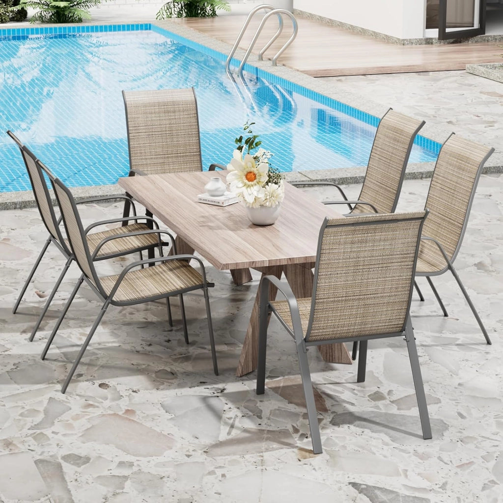 Sedia da giardino impilabile, da campeggio, impilabile, con schienale alto, in acciaio textilene, per giardini, cortili balconi ristoranti 150 kg portata: 54 x 69 x 93 cm 6pcs Lino marrone