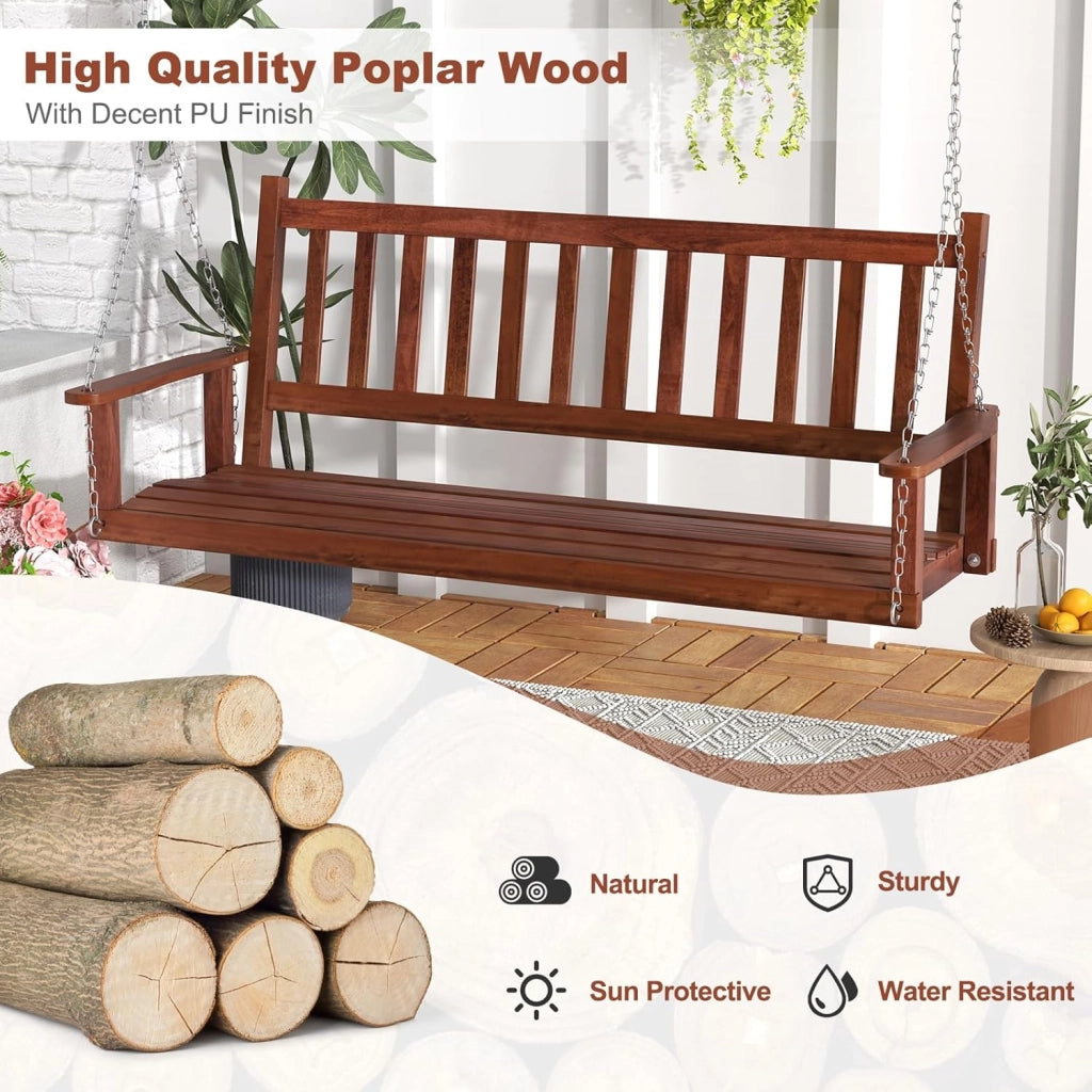Altalena sospesa in legno per 2/3 persone con catene in metallo zincato regolabili e resistenti, con schienale a doghe e sedile per patio, giardino, 168 x 65 x 63 cm, marrone)