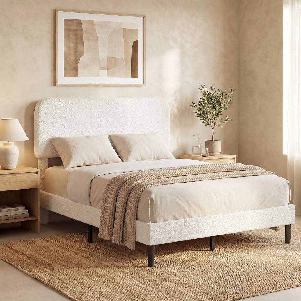 Letto matrimoniale imbottito in velluto con testiera regolabile e rete a doghe in metallo ¨C zephmum ¨C bianco 140x190