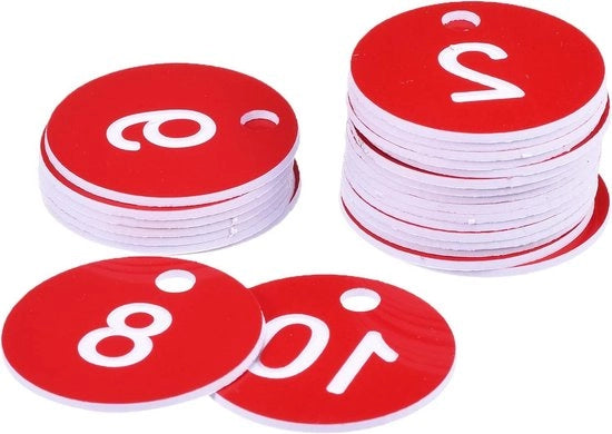 Set di 25 ganci chiave in acrilico rotondi con etichetta ID graviata rossa per decorazione.