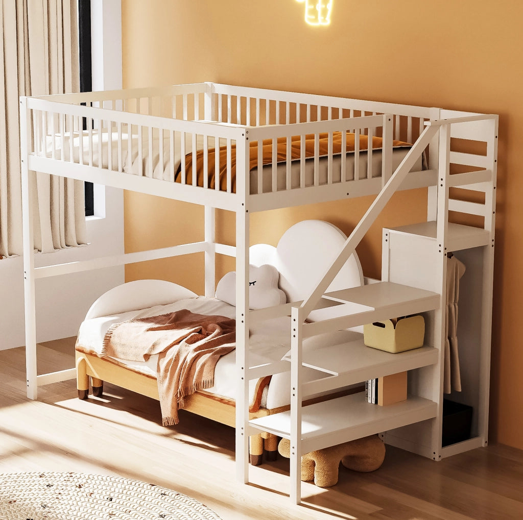 Letto a soppalco 140x200 cm con scala e armadio; legno; bianco (Senza materasso)