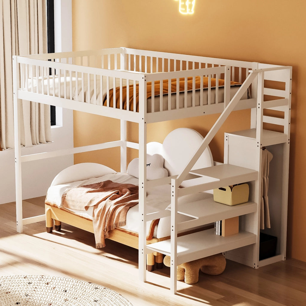 Letto a soppalco 140x200 cm con scala e armadio; legno; bianco (Senza materasso)