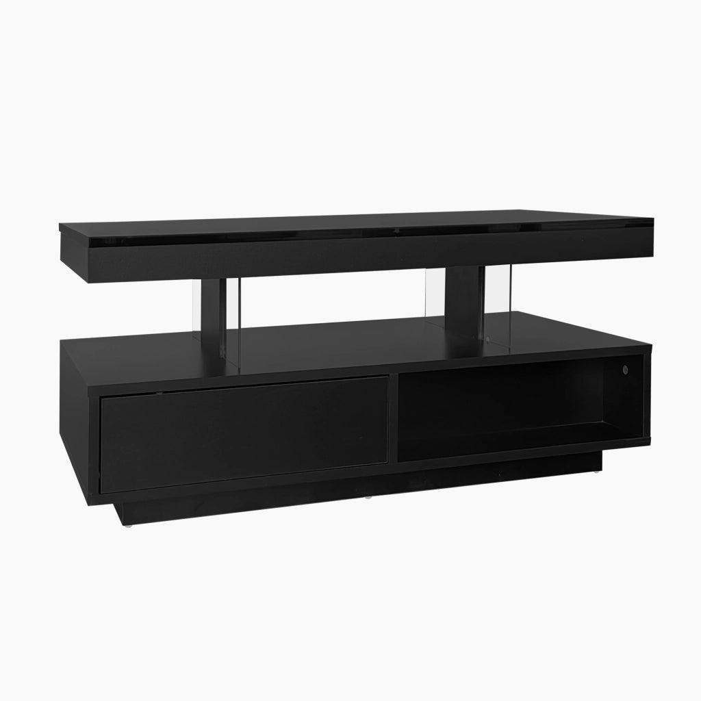 Tavolino da caff¨¨ nero lucido 95x50x42,5 cm con 4 inserti in vetro, 2 cassetti e 2 vani a giorno
