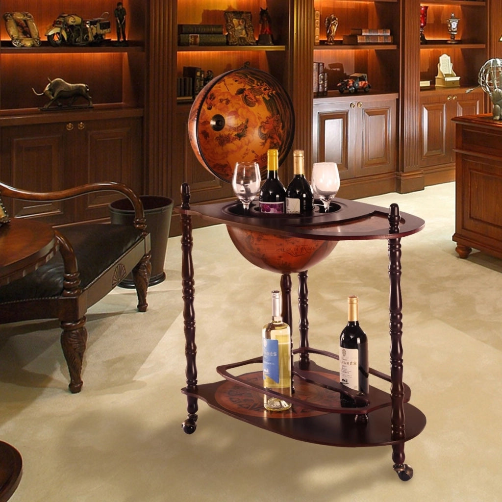 Mappamondo mobile porta liquori design vintage e pratico, Mini bar portabottiglie con ruote 70x45x89cm-Mobili porta liquori