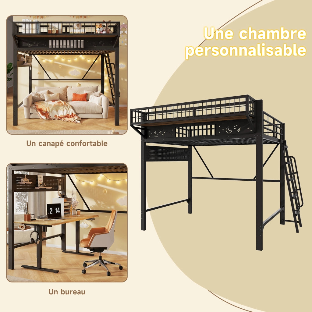 Letto a soppalco 140x200 cm per 2 persone, letto alto con ripiani portaoggetti e spazio aperto sottostante, metallo nero