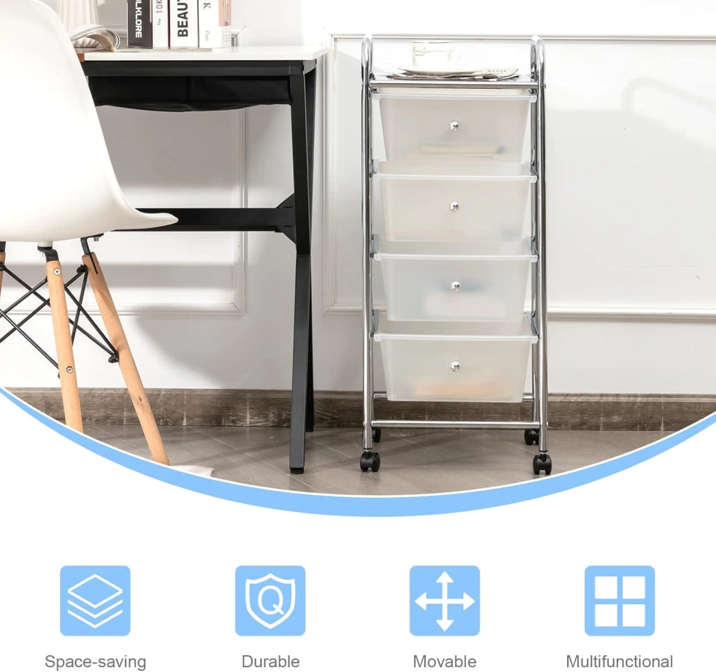 Carrello portaoggetti a 4 cassetti removibili in plastica, tornio portaoggetti con ruote in metallo con struttura a rotelle, organizer per ufficio, camera da letto, bagno (trasparente)