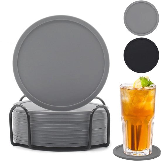 Set di 12 sottopiani in silicone per bicchieri, sottopiani antiscivolo e isolanti per bicchieri, sottopiano rotondo grigio con alloggiamento, per bevande, bar, tazze, bicchieri - sottopiani per tavolo