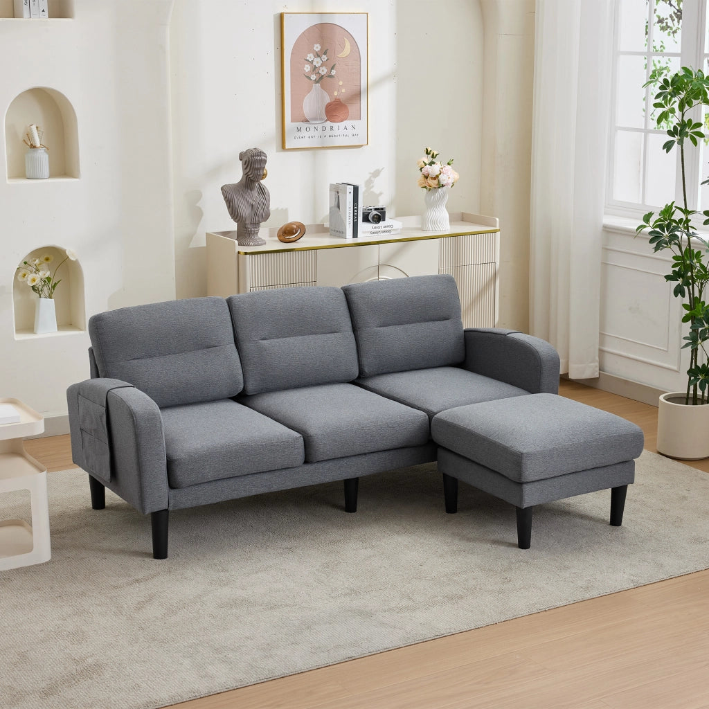 Divano Angolare Divano Modulare 3 Posti con Tasche Laterali e 10 Gambe in Tessuto Grigio 204 × 136 × 80 cm