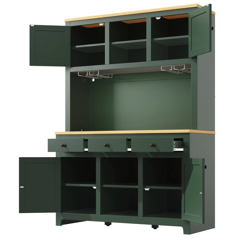 Credenza alta con LED e ante in PE rattan, ripiani regolabili e cassetti, per cucina e soggiorno, verde antico