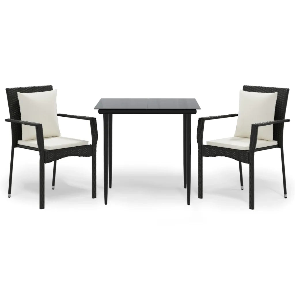 Set da Pranzo da Giardino 3 pz | Set Salotto da Giardino con Cuscini Nero in Polyrattan
