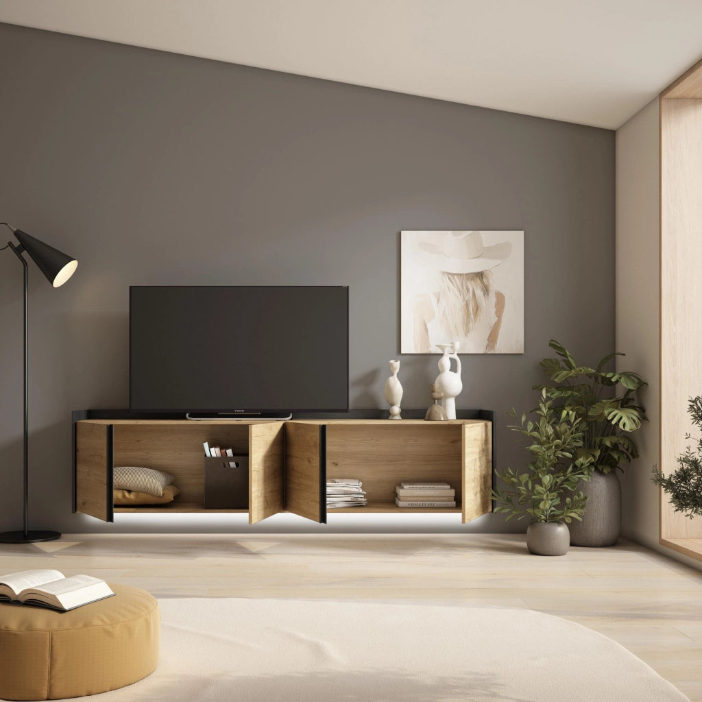 Mobile TV Soggiorno, 207x50x35 cm, Per TV fino a 80", Sospeso, da appendere, LED, Rovere e nero