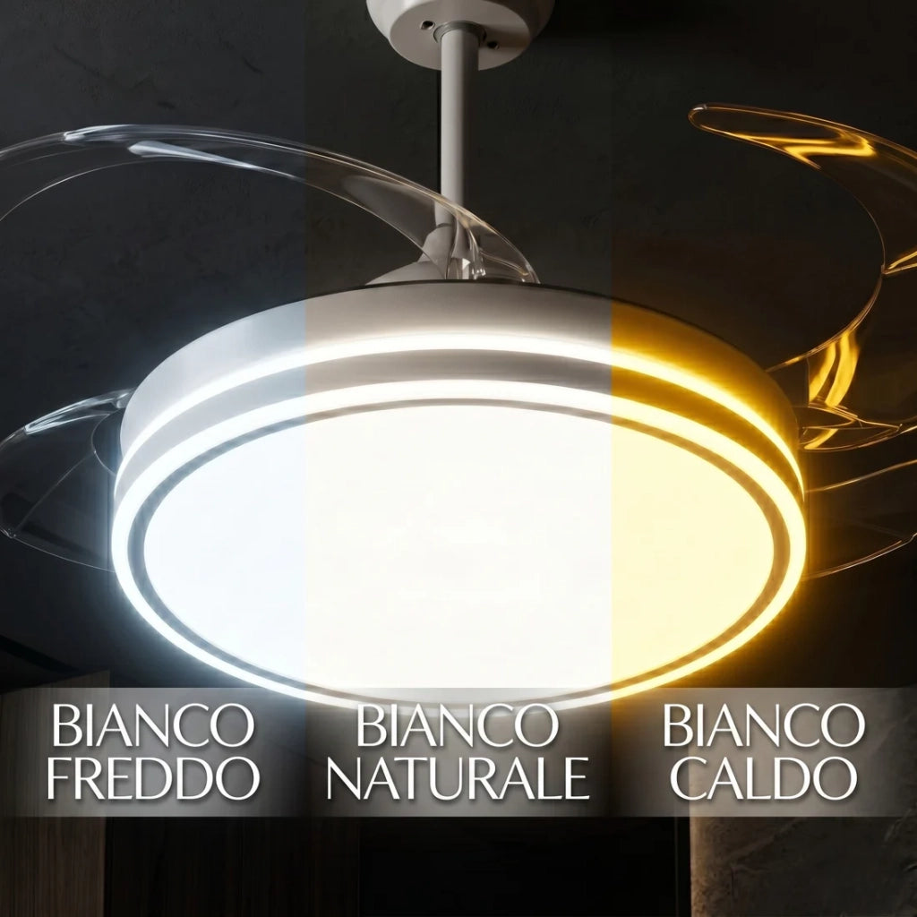 Plafoniera Ventilatore da Soffitto 108cm Pale a Scomparsa, Luce LED Dimmerabile, Telecomando e Motore Silenzioso, Bianco