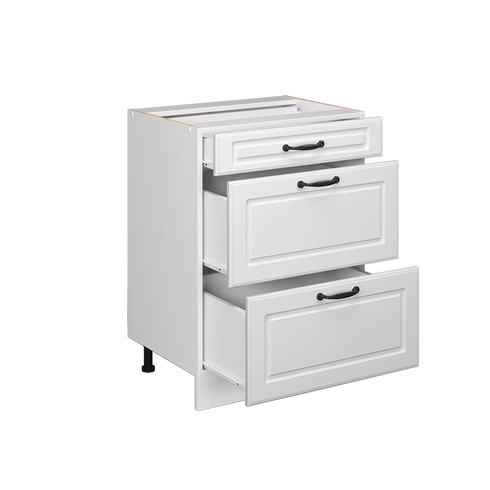 Mobiletto base per cucina R-Line Bianco rustico/Bianco 60 cm con cassetti, senza piano di lavoro Vicco