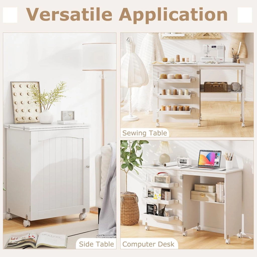 Tavolo da Cucito Pieghevole con Ruote, Mobile per Macchina da Cucire con 4 Ripiani Aperti e Ampio Piano di Lavoro, Ideale per Soggiorno, Camera da Letto e Sala Hobby (Bianco)