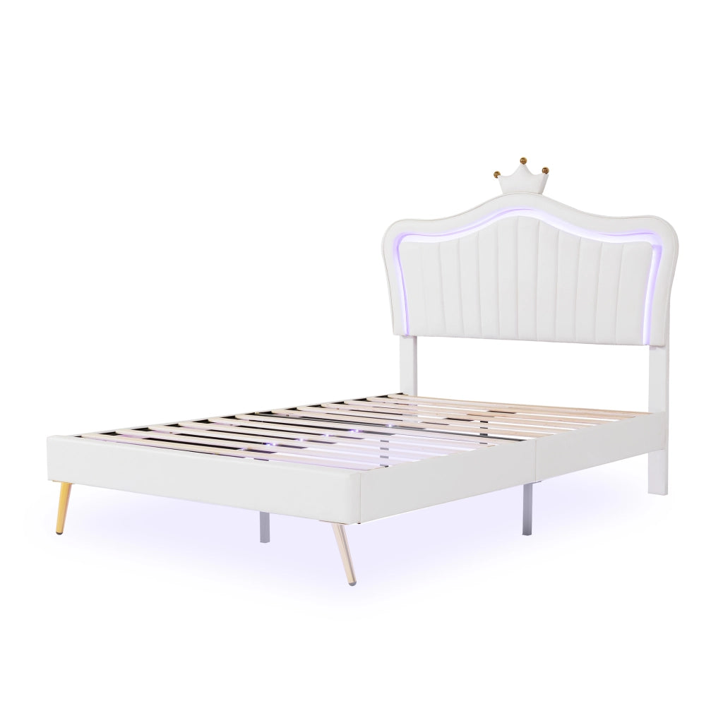 Letto imbottito per bambini 140x200 cm bianco con corona e luci LED