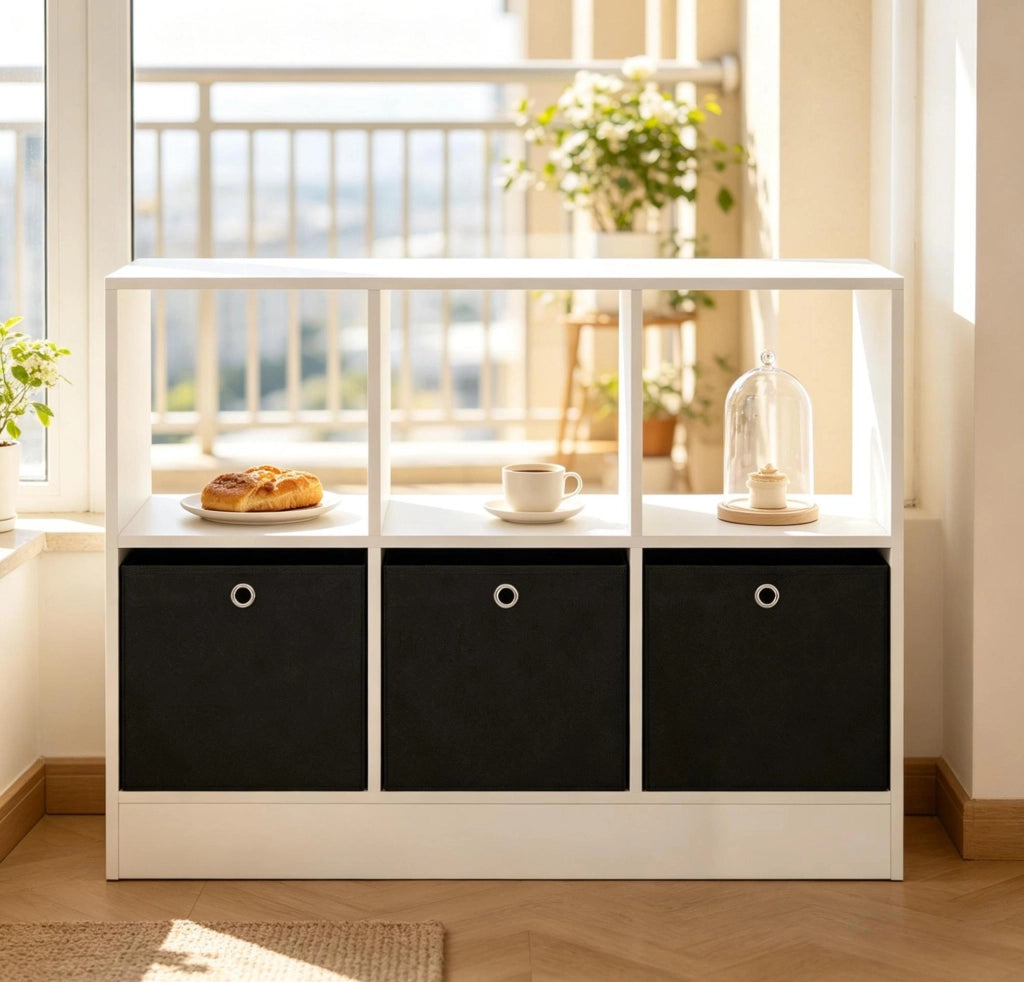 Libreria cubby 80x30x61 cm in legno bianco e nero con 3 cassetti