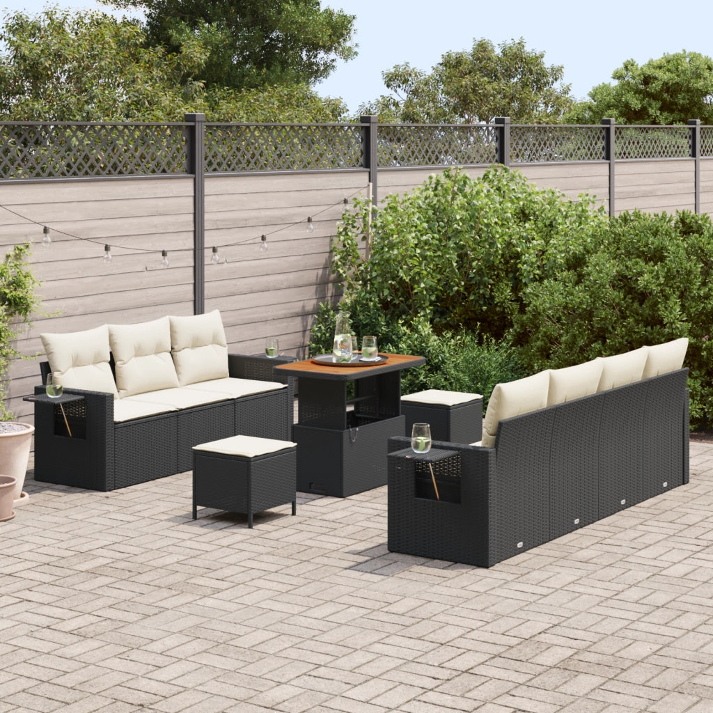 Set Divano da Giardino 10 Pezzi con Cuscini Nero Rattan Poliacacia