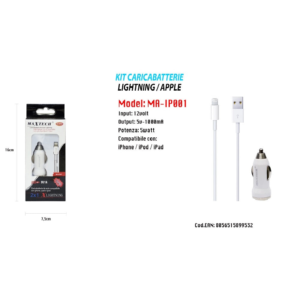 Trade Shop - Kit Caricabatterie Da Auto Accendisigari Cellulare Smartphone 5w Maxtech Ip001 -