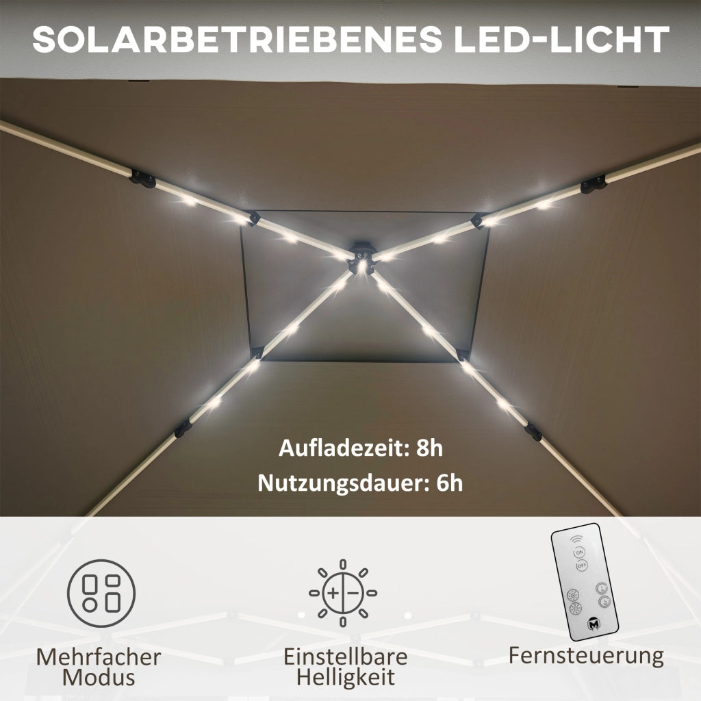 Tenda da giardino con LED alimentata a energia solare; tenda da giardino con illuminazione; 336 cm x 336 cm x 270 cm; grigio