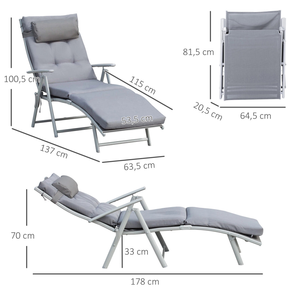 Chaise Longue Pieghevole con Cuscino e Schienale Regolabile ¨C Zephmum ¨C Grigio 137x63,5x100,5 cm