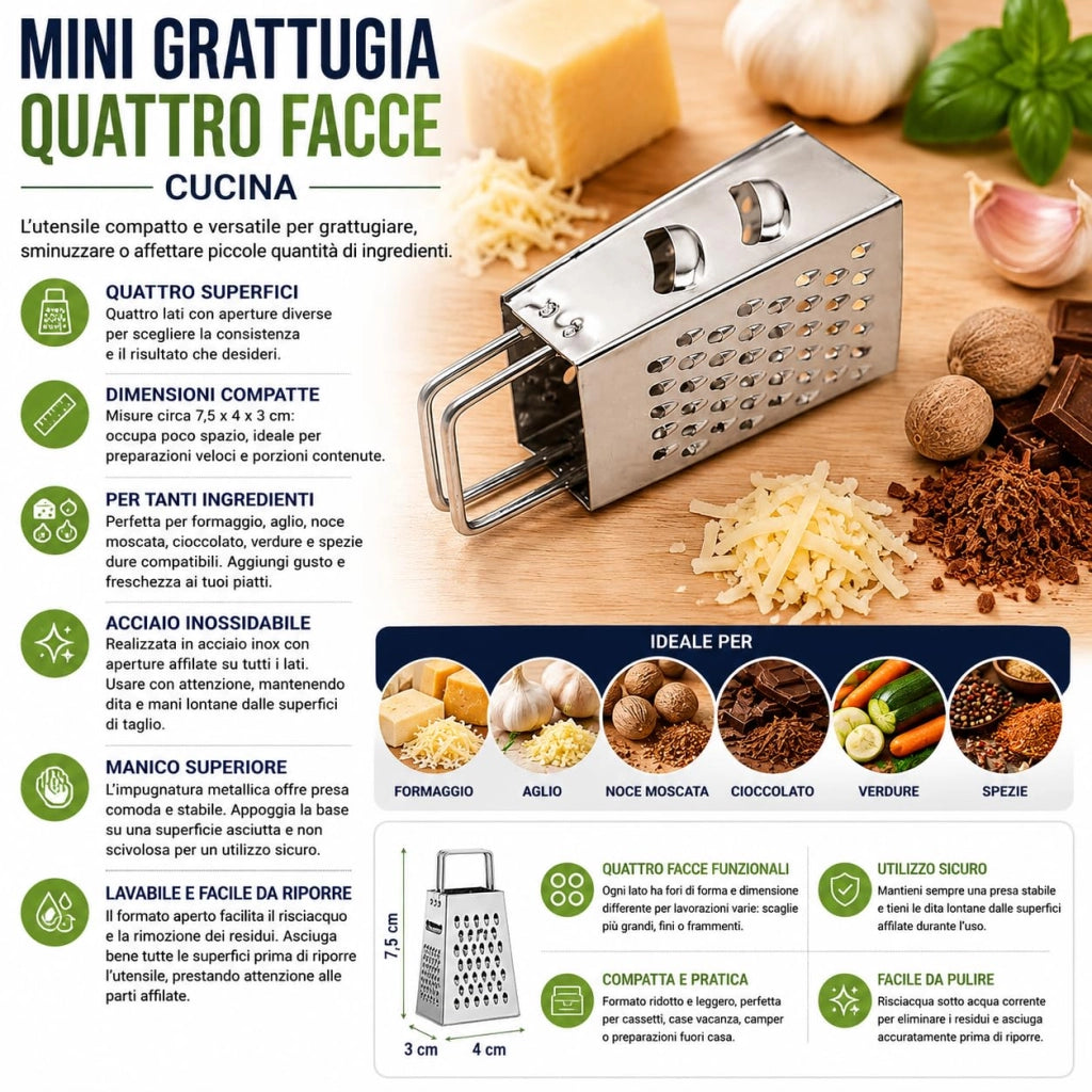 Mini Grattugia 4 Facce Acciaio Inox 7,5 cm Formaggio Spezie 74178