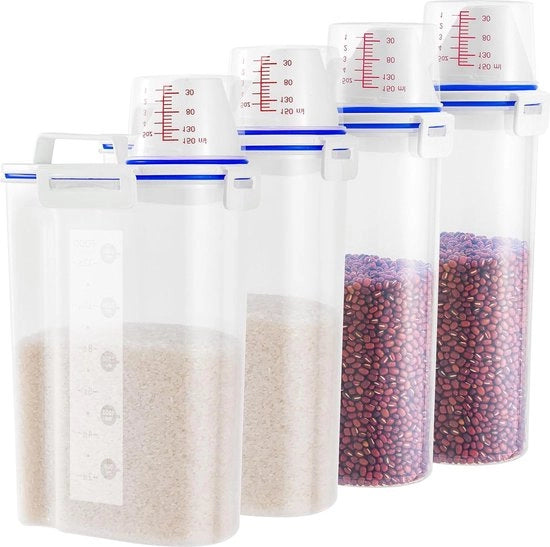 Set di dispensatori alimentari 45 kg da 4 - piccolo tritacarne con misurino e bottiglia per versare - contenitore in plastica a chiusura ermetica per cucina - cereali farina zucchero avena farina di avena cibo secco per cani