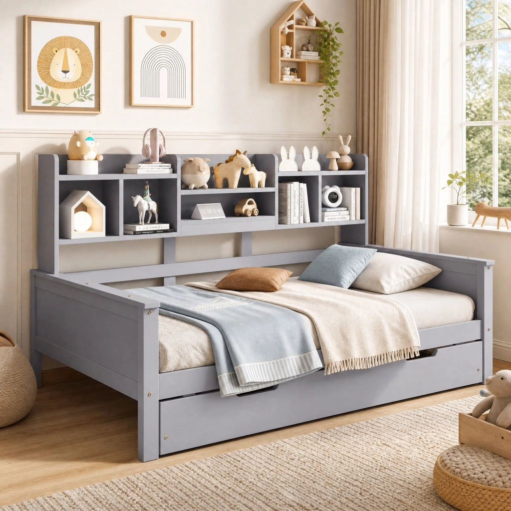 Letto multifunzionale con letto estraibile 90x200 cm; scomparti portaoggetti; grigio