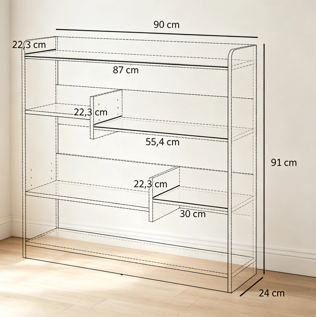 Libreria bianca a 4 livelli con ripiani regolabili, 90 x 24 x 91 cm