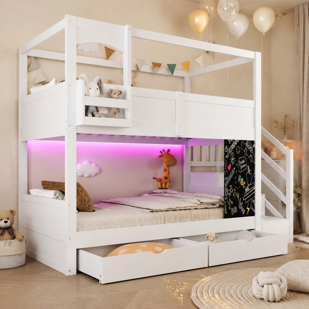 Letto a castello per bambini 90x200 cm in legno; design casetta; bianco; con 2 cassetti e scala contenitore
