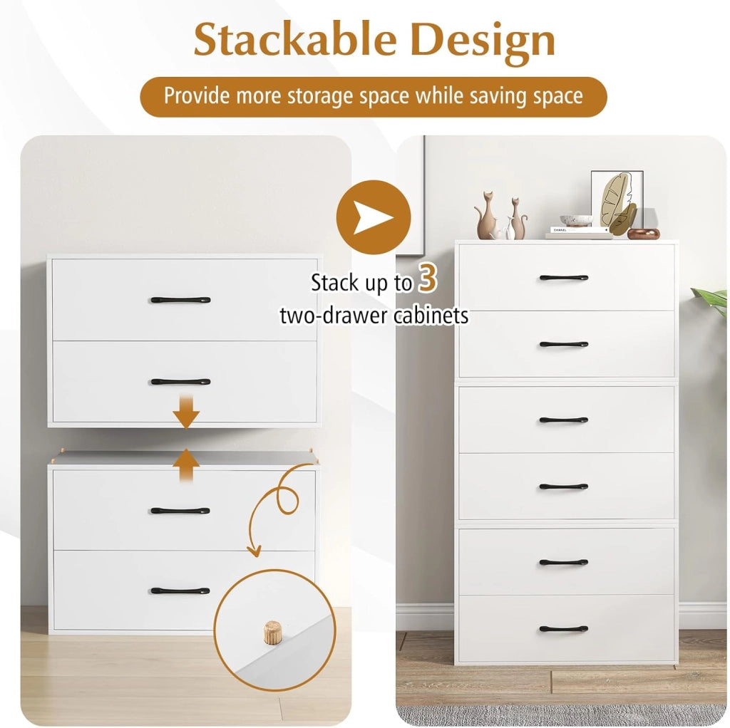 Cassettiera Portaoggetti con 2 Cassetti per Camera da Letto, Mobile in Legno con Kit Anti-Ribaltamento, 4 Tasselli, 60 x 34 x 38 cm, Bianco