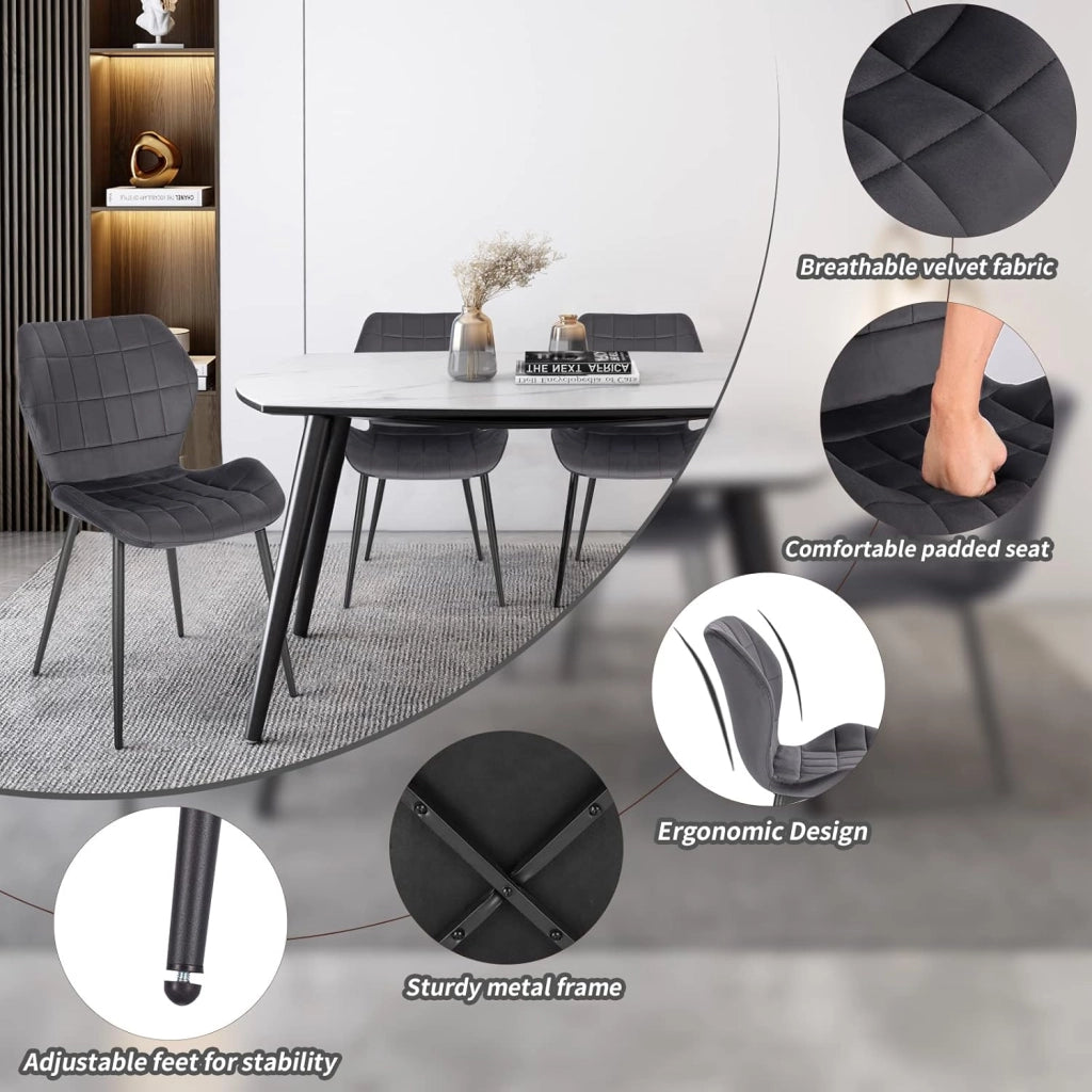 6x Sedie Ergonomica da Pranzo, Sedia Nordica, Sedia da cucina in velluto, Seduta Imbottita, per Camera da Letto, Salotto, Grigio Scuro, Gambe in Metallo, BH356dgr-6