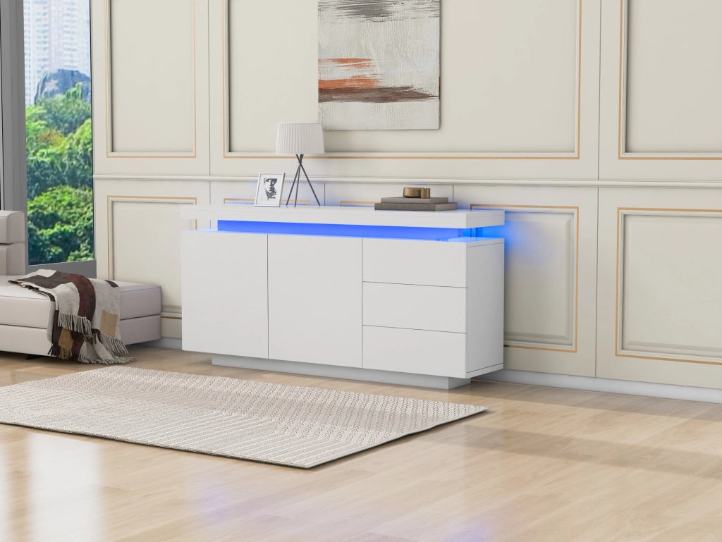 Credenza moderna bianca lucida con illuminazione LED e ampio spazio contenitivo