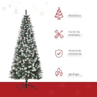 Albero di Natale Innevato Artificiale 180cm con Bacche Rosse e Pigne Bianche, Base Rimovibile Pieghevole, 618 Rami