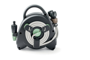 AQUABAG RECO,mini avvolgitubo in PLASTICA RICICLATA per giardino,10M tubo,mini lancia,raccordi,appendibile.Made in Italy