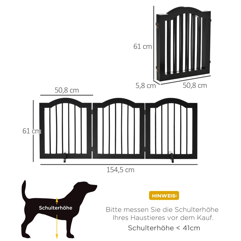 Cancelletto per cani pieghevole a 3 pannelli con piedini di supporto in legno nero per porte e scale 154,5 × 61 cm