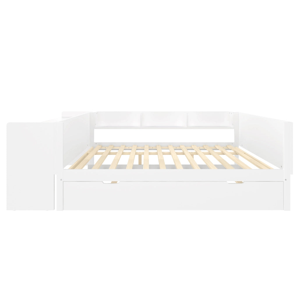 Letto 140x200 cm con scrivania; letto estraibile e ripiani in legno e MDF bianco