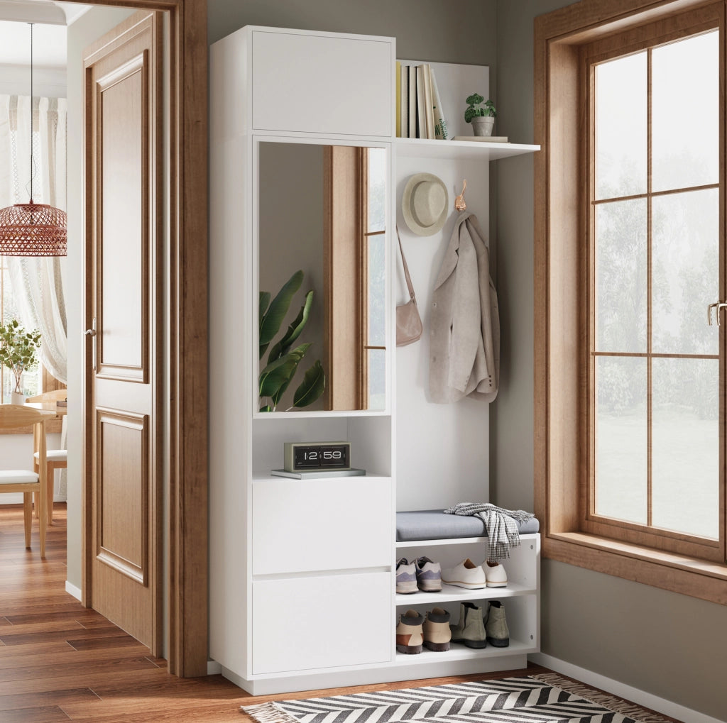 Guardaroba ingresso 5 in 1 con specchio; scarpiera; cassetti e panca; MDF bianco