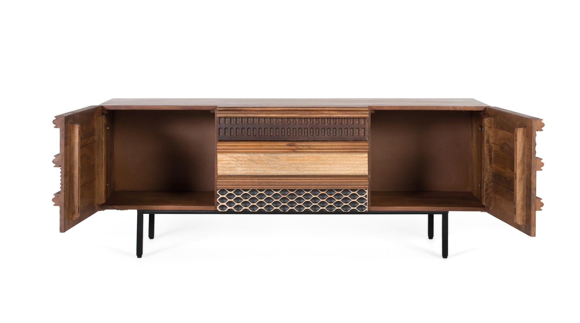 Mobile TV in legno di mango con motivi geometrici testurizzati