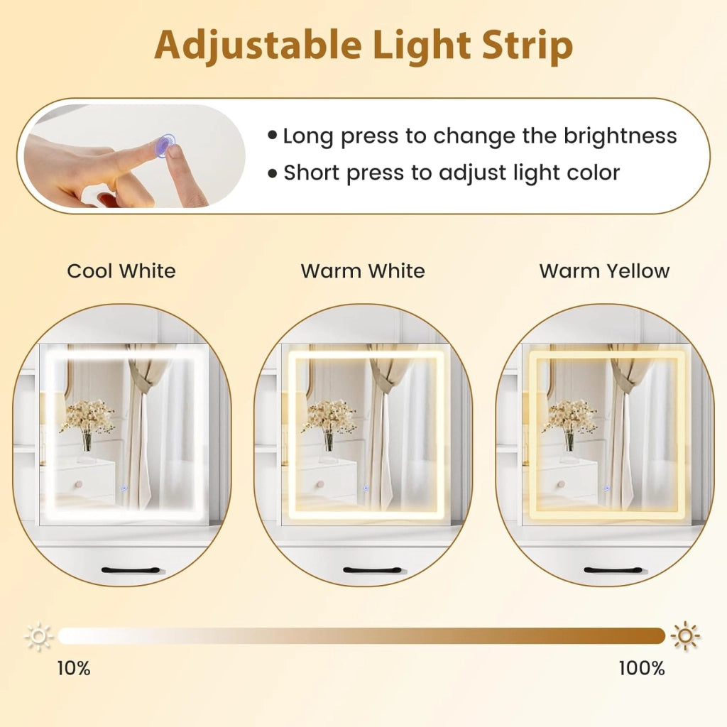 Tavolo da toeletta con illuminazione e specchio, tavolo da toeletta in legno con 4 cassetti e ripiano regolabile, tavolo da trucco con stazione di ricarica, tavolo cosmetico con sgabello per