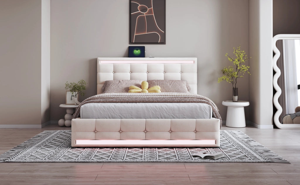 Letto imbottito con LED, 2 USB, contenitore e testiera regolabile, 140x200 cm, lino beige