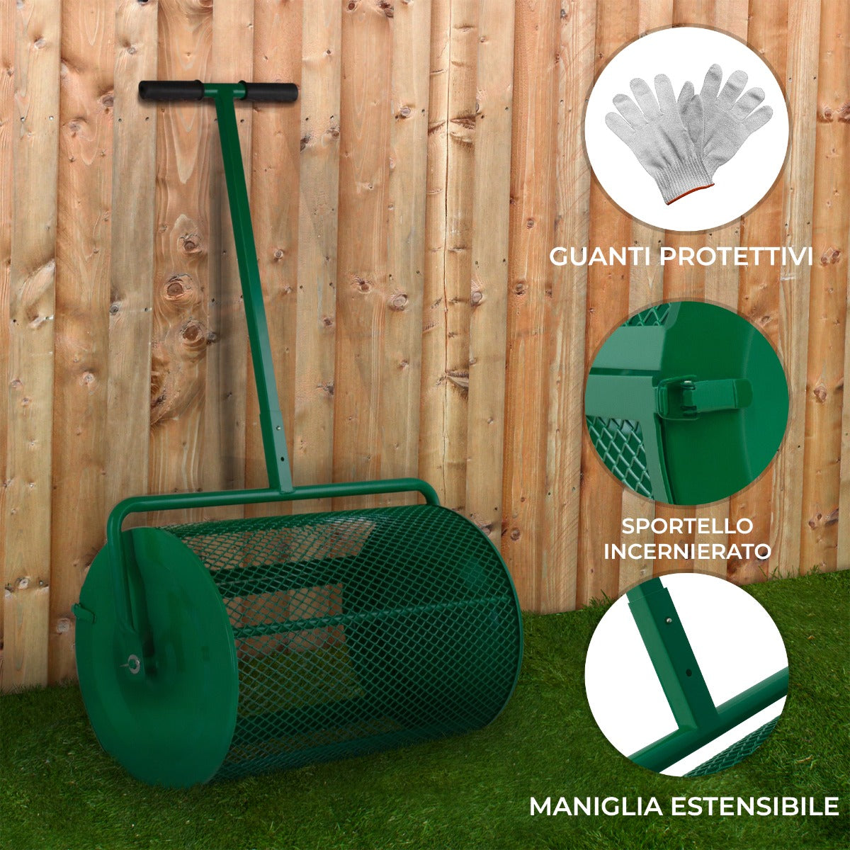 Spargitore di concime a rullo Torba Muschio Terriccio Giardino Prato 80L 66cm Gabbia in acciaio - Verde