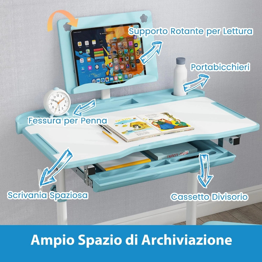 Set di Scrivania e Sedia per Bambini con Altezza Regolabile, Blu | Banco Scuola con Piano Inclinabile, Supporto per Libri, Barra Poggiapiedi e Sedia Ergonomica per Scuola, Ufficio e Cameretta