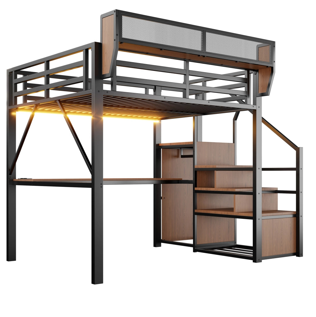 Letto a soppalco 140x200 cm in metallo e MDF nero con scrivania; LED; scala di sicurezza e ripiani