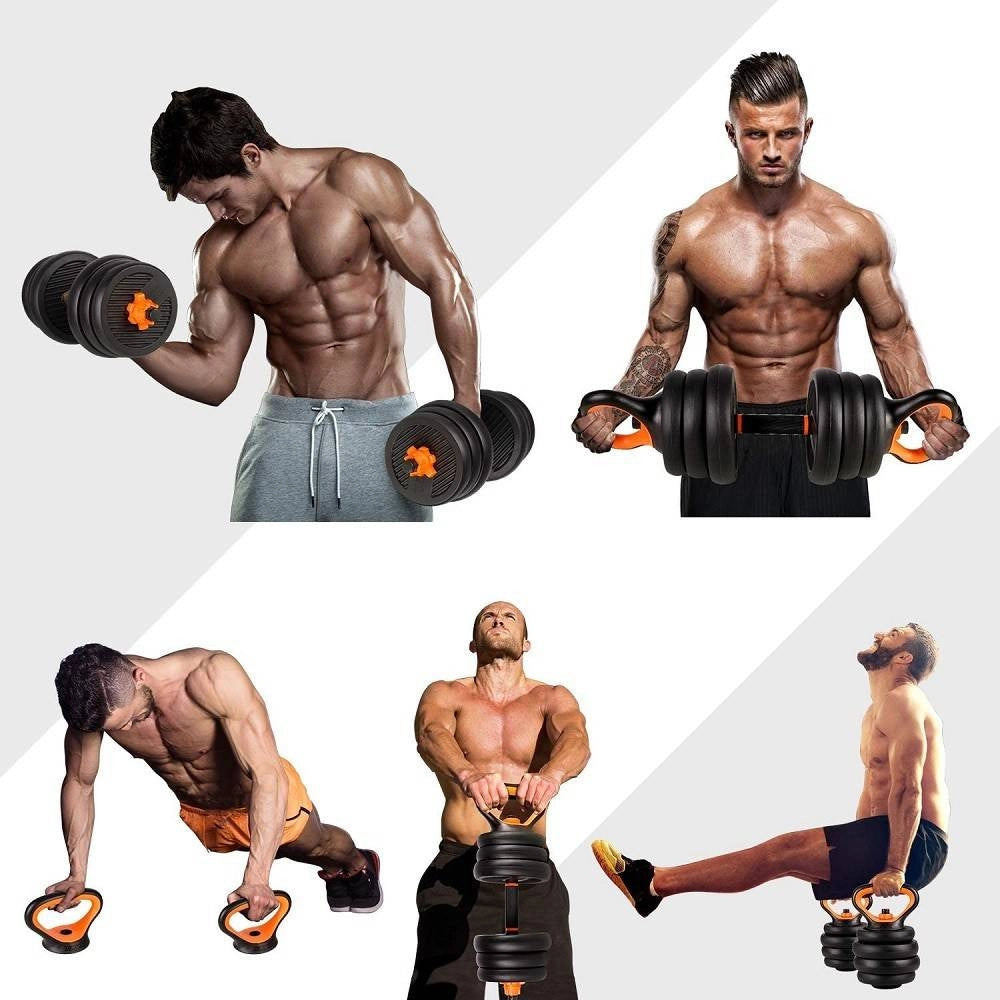 Trade Shop - Set 6in1 Multifunzione Peso 40 Kg Manubri Con Bilanciere E Kettlebell Componibile -