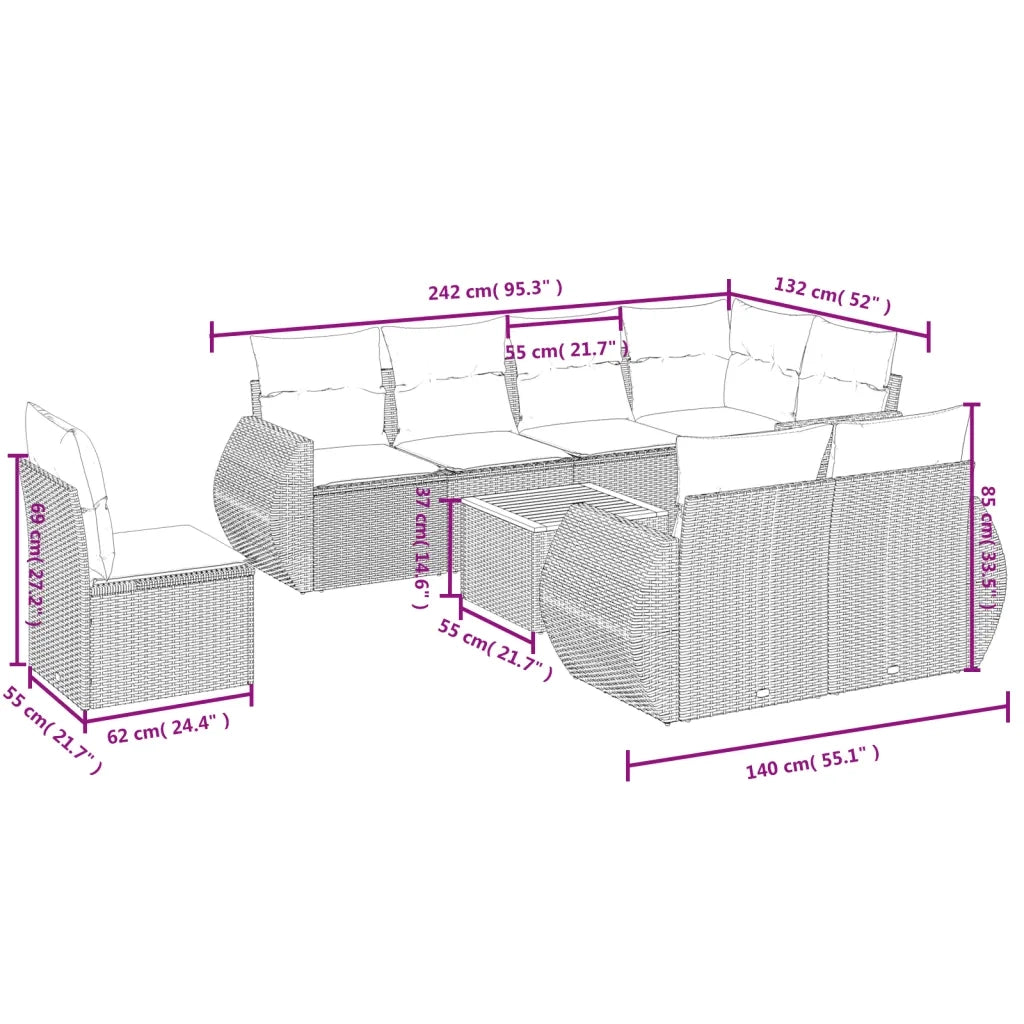 Set Divano da Giardino 9 pz con Cuscini Beige in Polyrattan 3225099