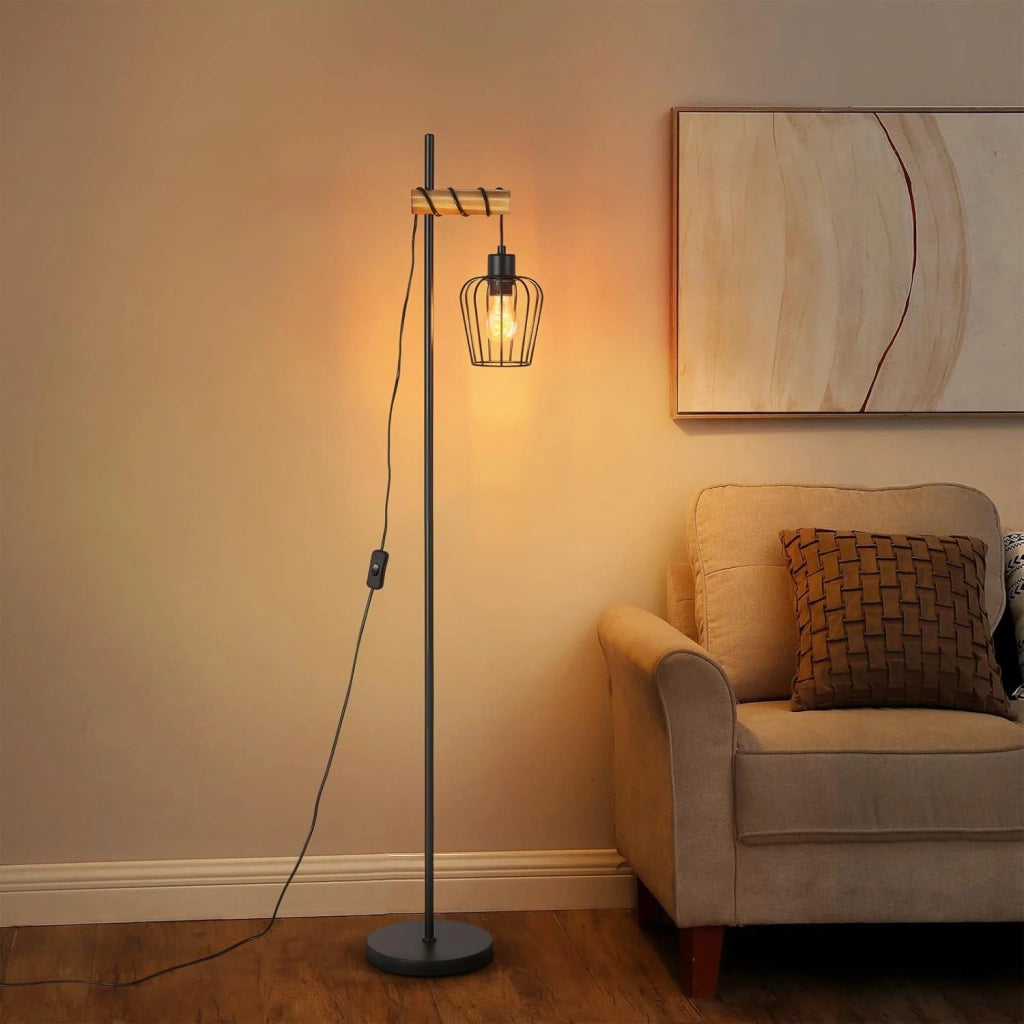 ZMH Lampada da terra vintage legno nera metallo industriale E27 146cm per soggiorno senza lampadina