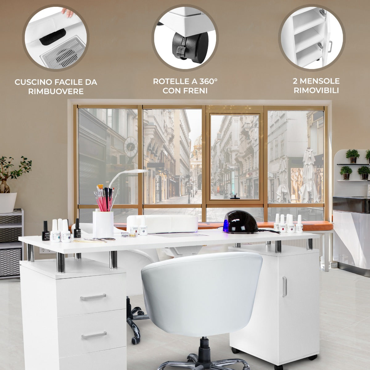 Tavolo per Manicure e Ricostruzione Unghie, Aspiratore e Cassettiera Estetista