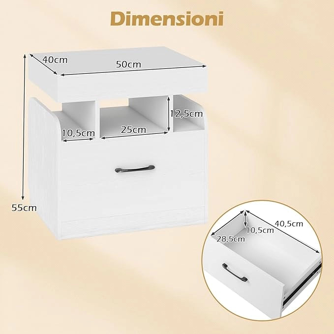 Comodino da Camera da Letto, Mobile Salvaspazio con Stazione di Ricarica, Cassetto, Vano Scorrevole, Vassoio e Ripiani Aperti, Comò per Soggiorno e Ufficio, 50 x 40 x 55 cm