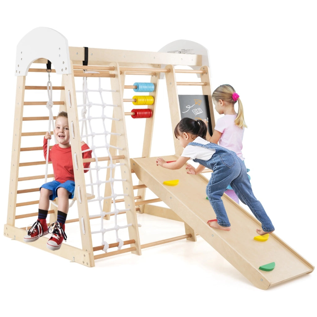 Set arrampicata 8 in 1 per bambini con abaco e altalena, Set arrampicata di legno con scivolo e scala Naturale-Arrampicate e scivoli